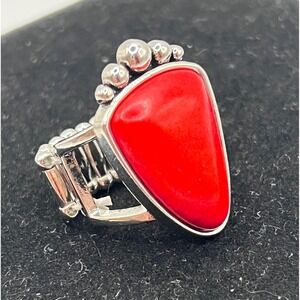 Statement Red Coral Stone Silver Tone Ring Beaded Stretchy Band Women's Fashion
